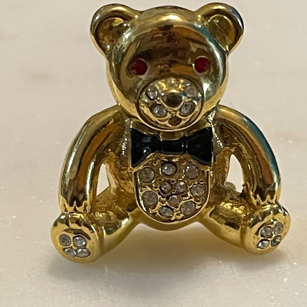 Vintage Gold Toned Teddy Bear Brooch With Swarovski Crystal